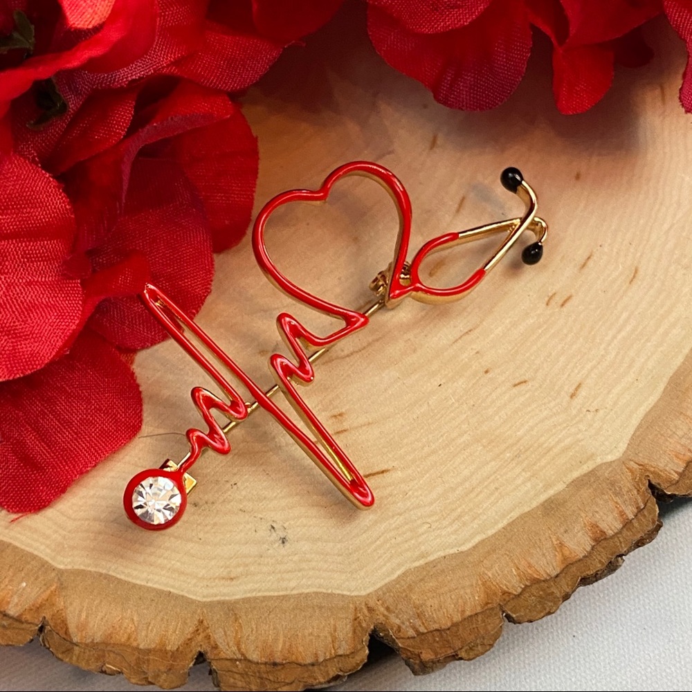 Red Heartbeat Stethoscope Brooch Lapel Pin - Picture 9 of 16